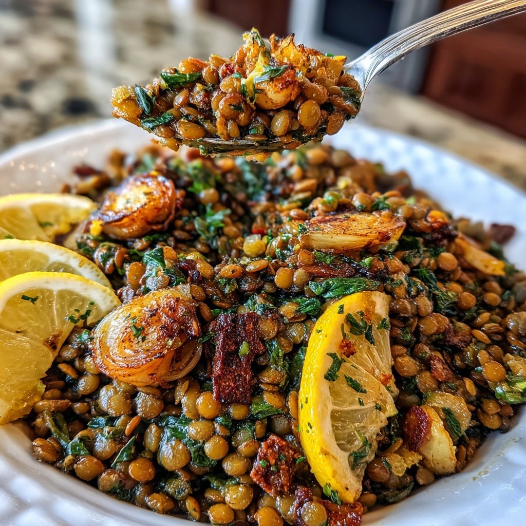 Roasted Lemon Garlic Lentil Skillet
